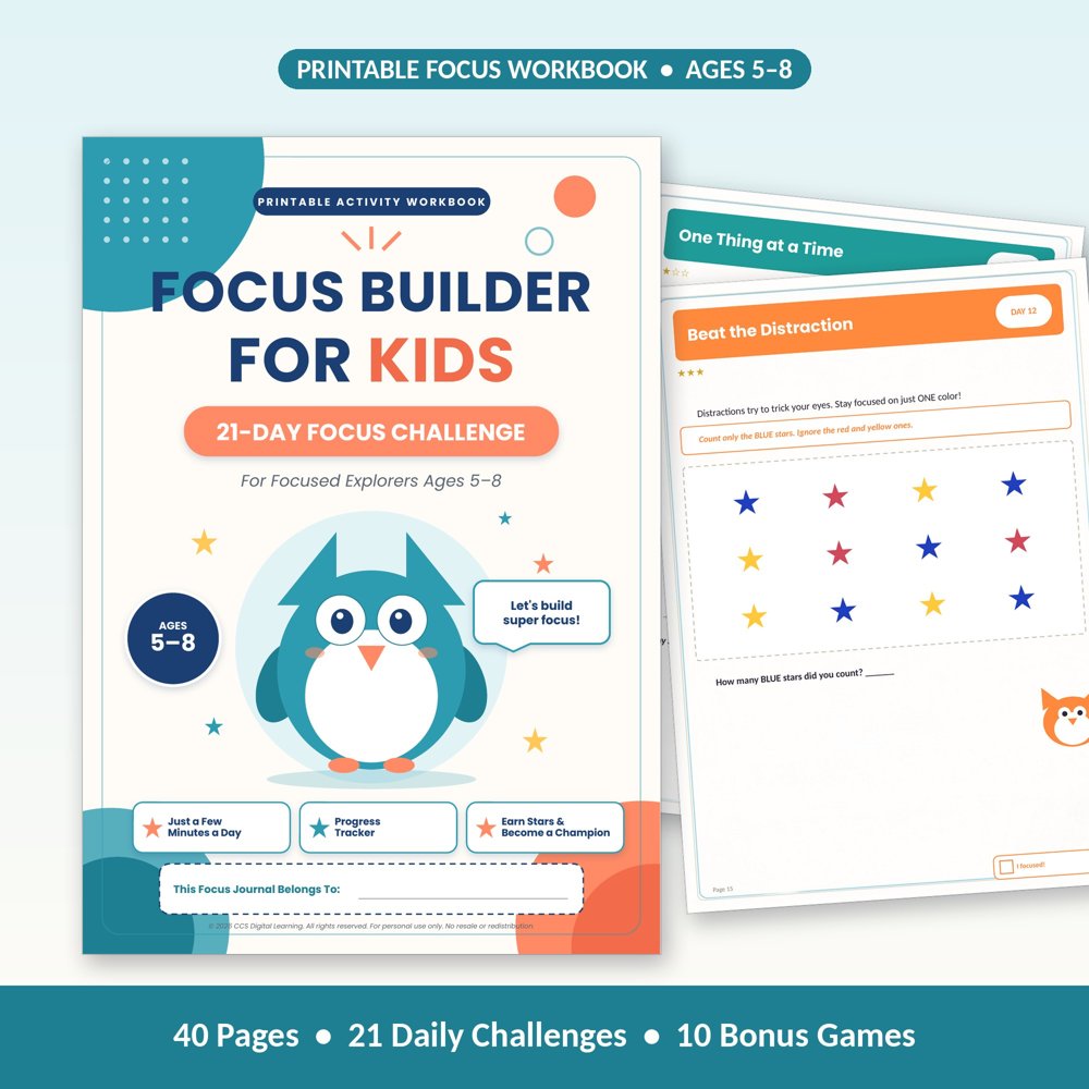Focus Builder for Kids: 21-Day Focus Challenge printable workbook cover